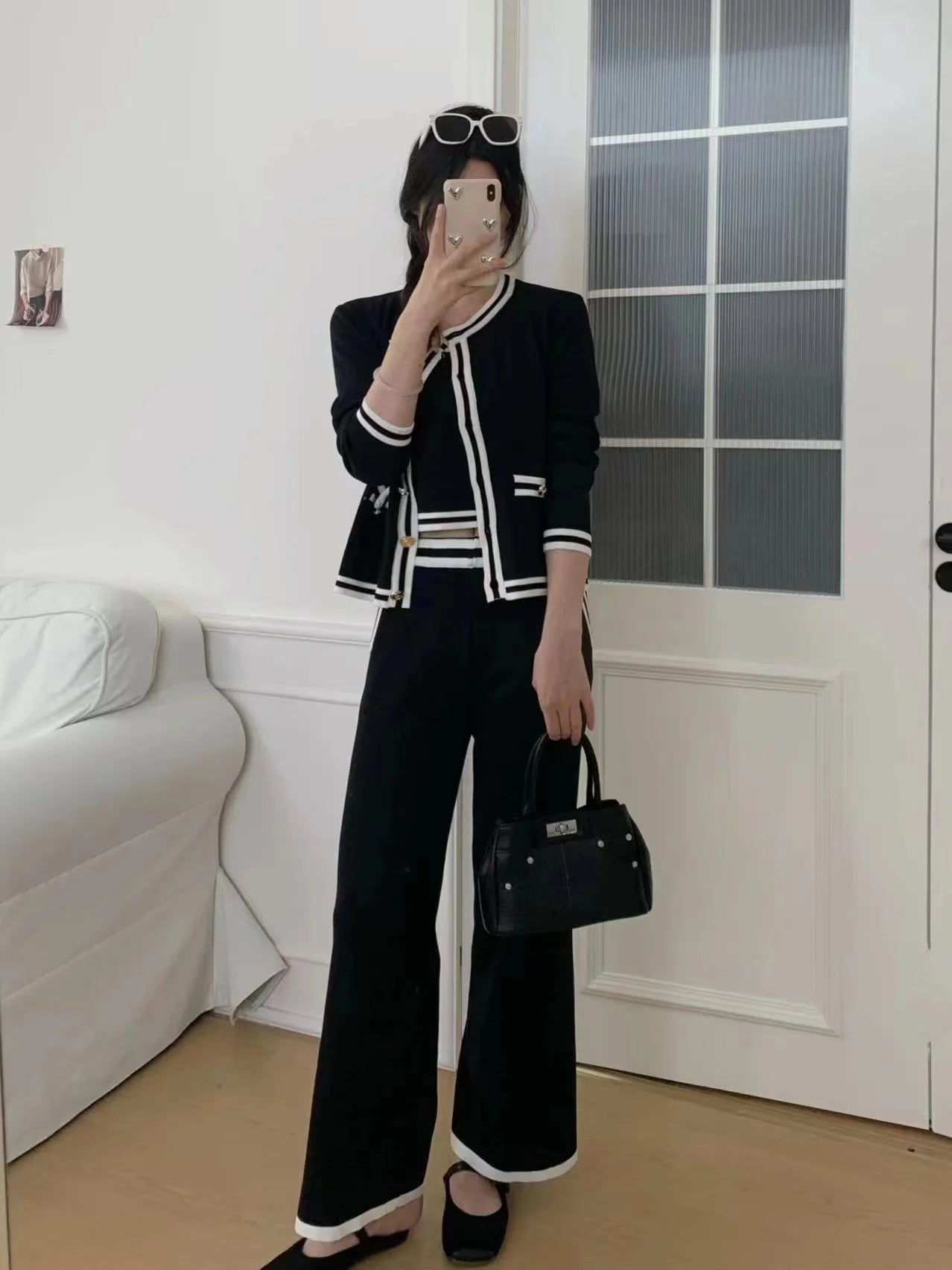 Strick-Cardigan + Hose mit weitem Bein, gestreift, lässig, 3-teiliges Set