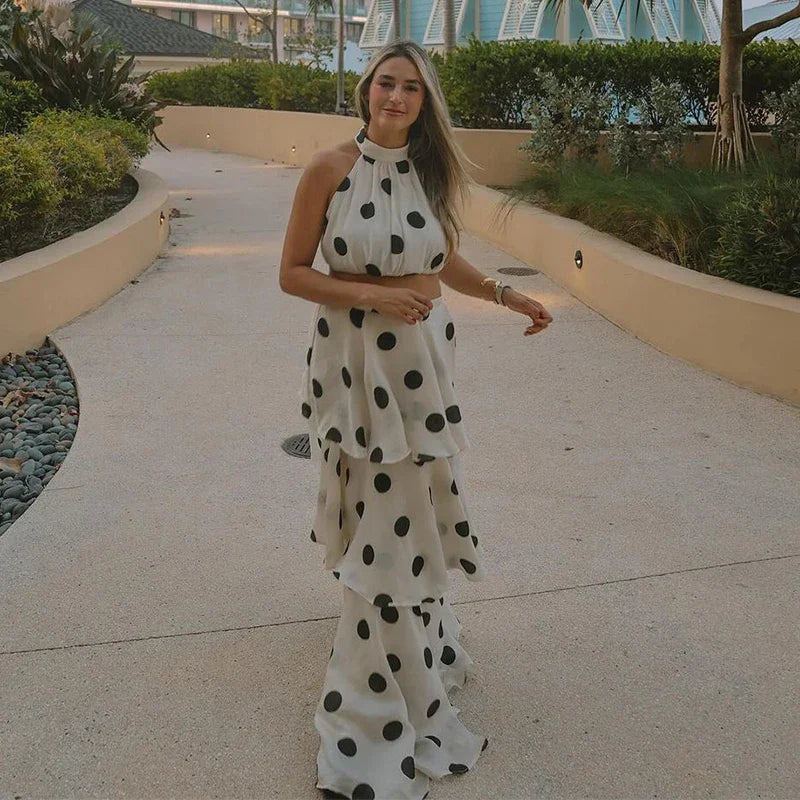 1 Polka Dots Vest Ruffles A-line Long Skirt set