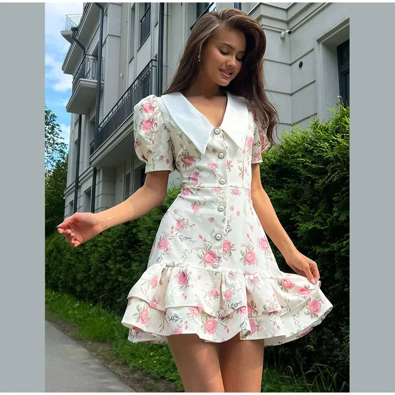 Chic Floral Puff Ruffle Dress