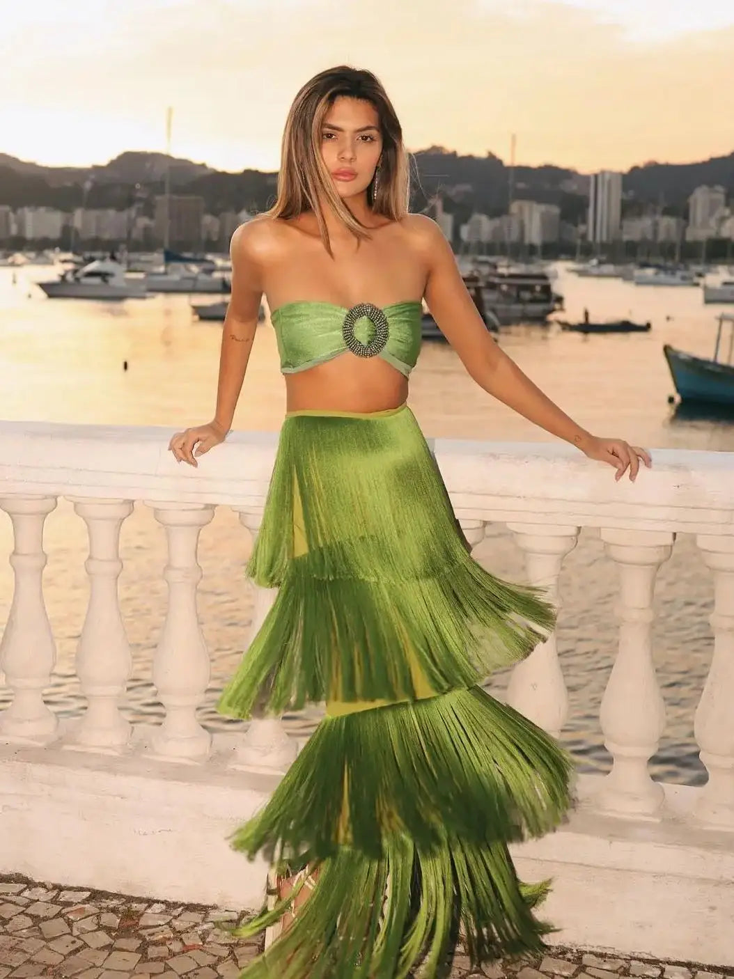 Layered Green silk Fringe