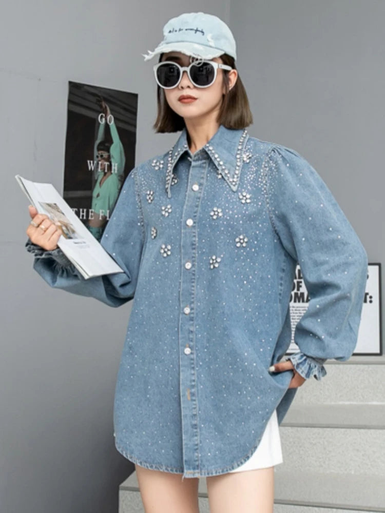 Chic Diamonds Beaded Denim shirt