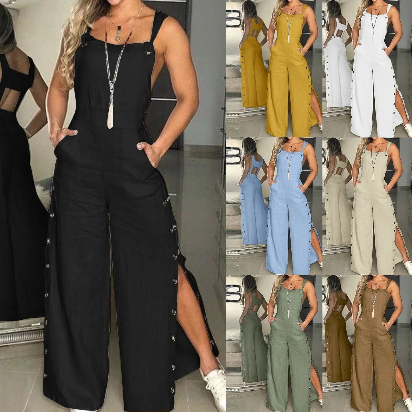Sommer Jumpsuit Weites Bein Knopf