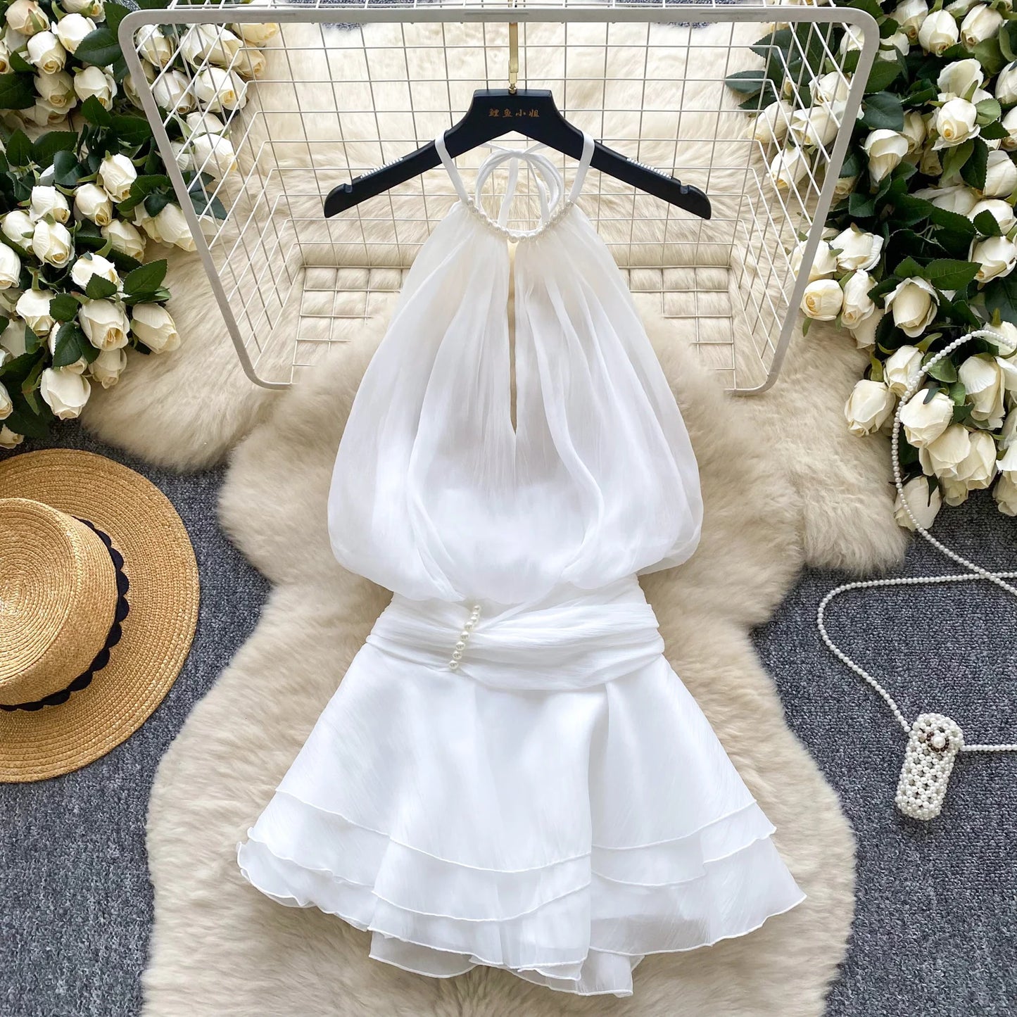 Chiffon Pearl Halter Mini Dress