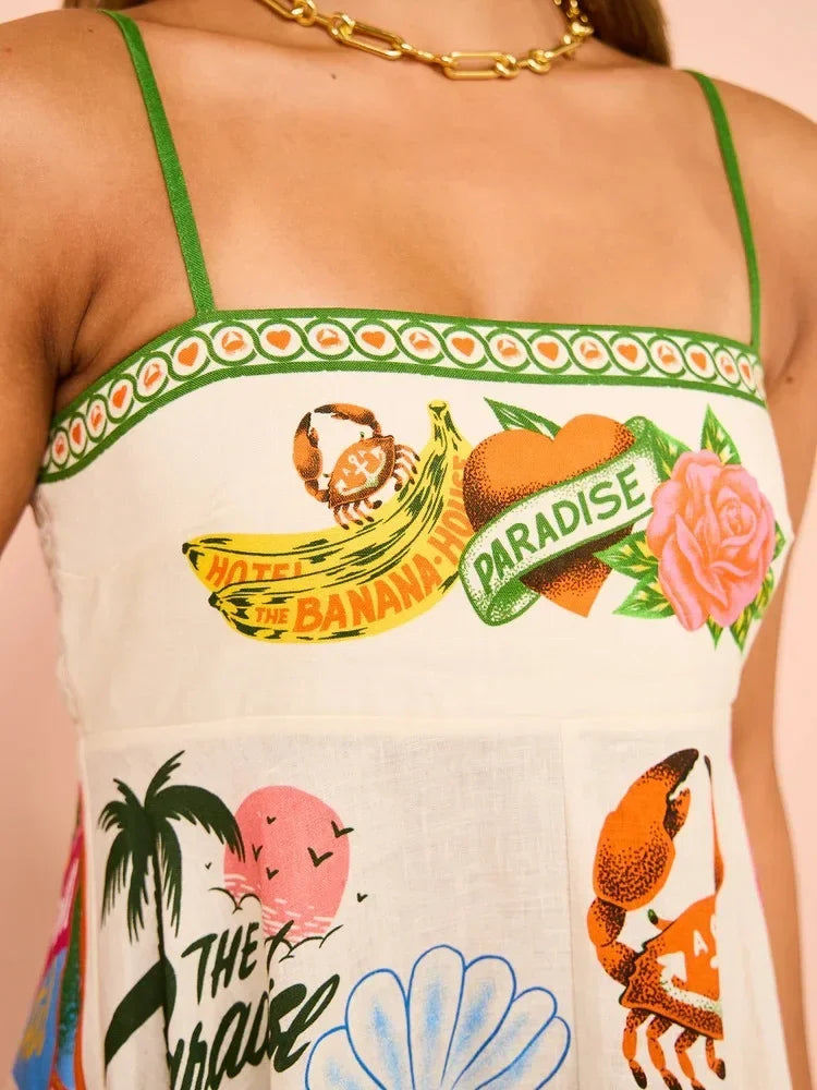 Paradise Graffiti Print Linen Dress