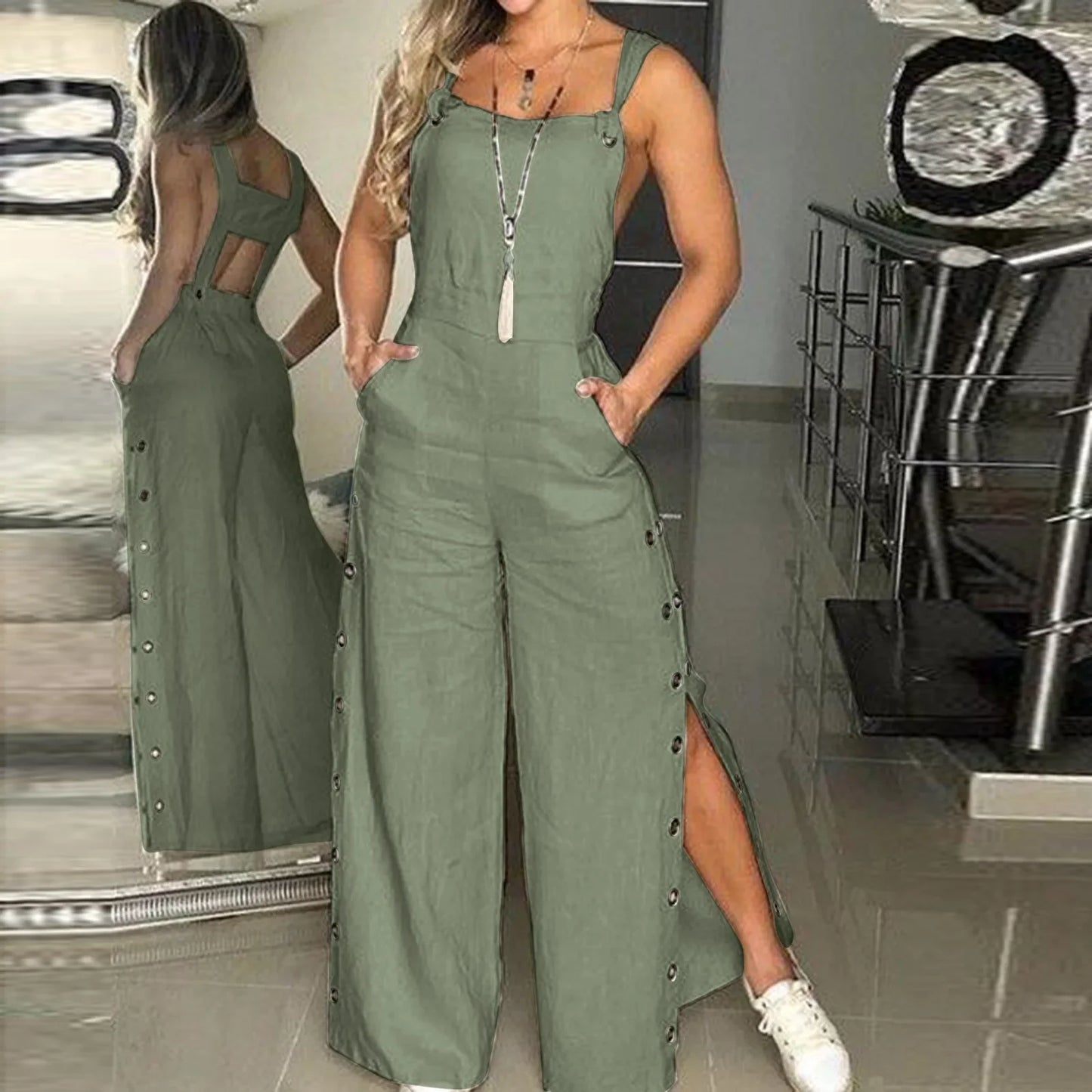 Sommer Jumpsuit Weites Bein Knopf