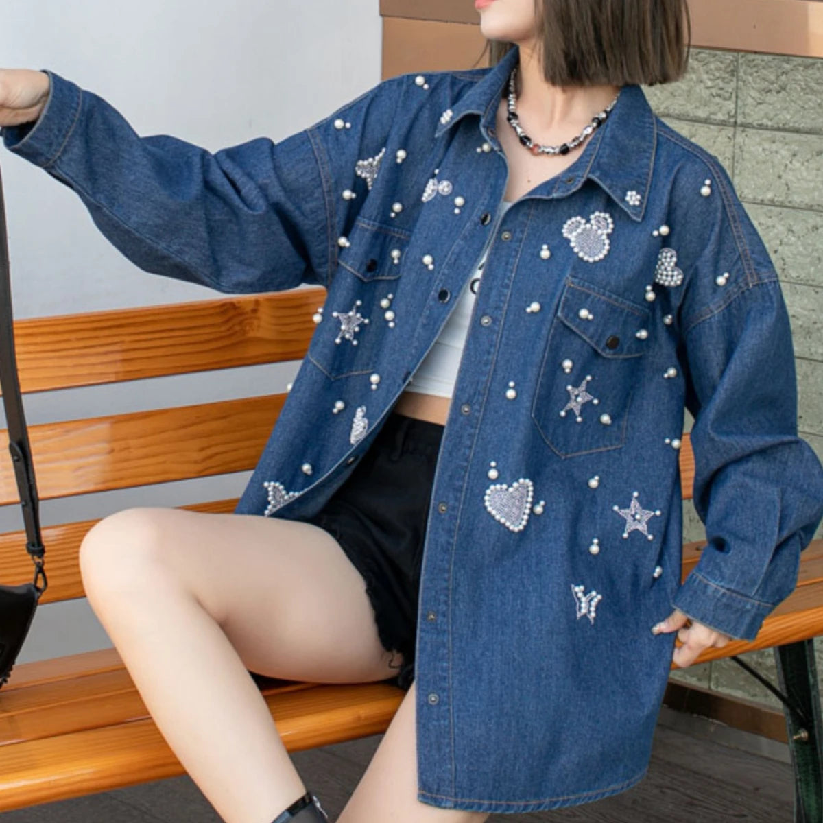 Chic Diamonds Beaded Denim shirt