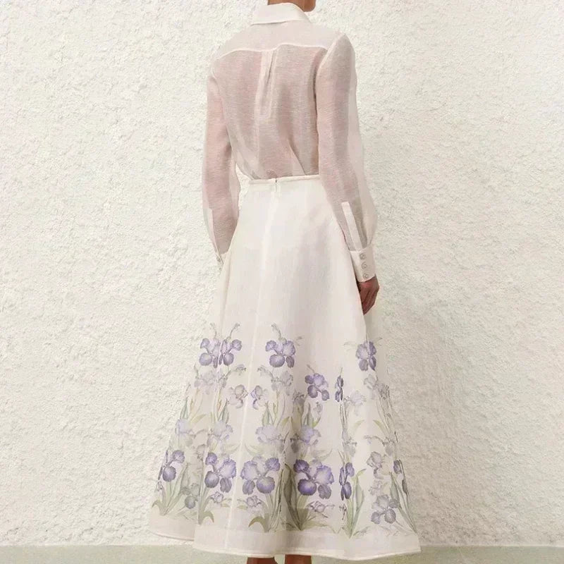Linen Silk White Floral Skirt Set