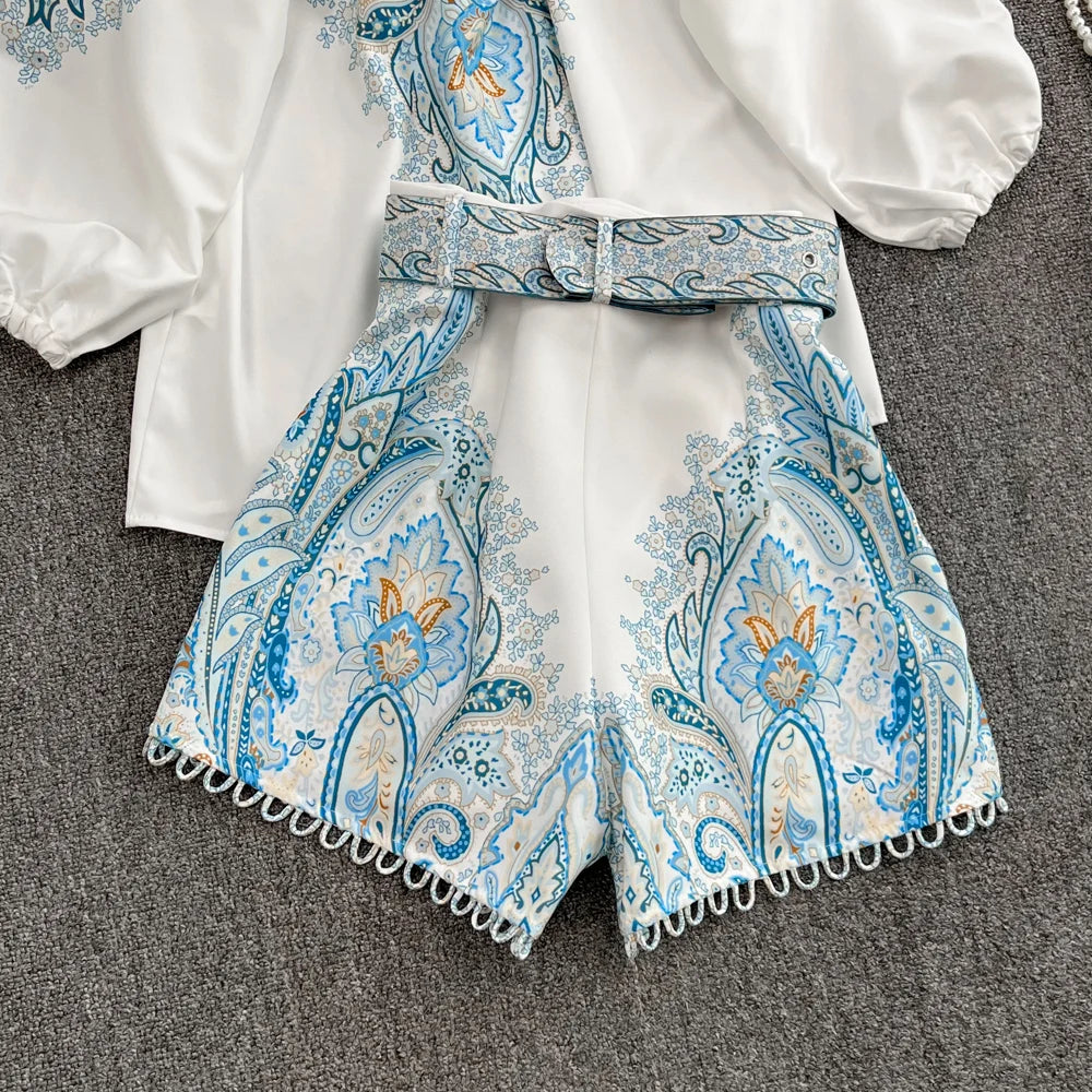 Stand Collar Wide Leg shorts Vintage Floral Summer Outfits
