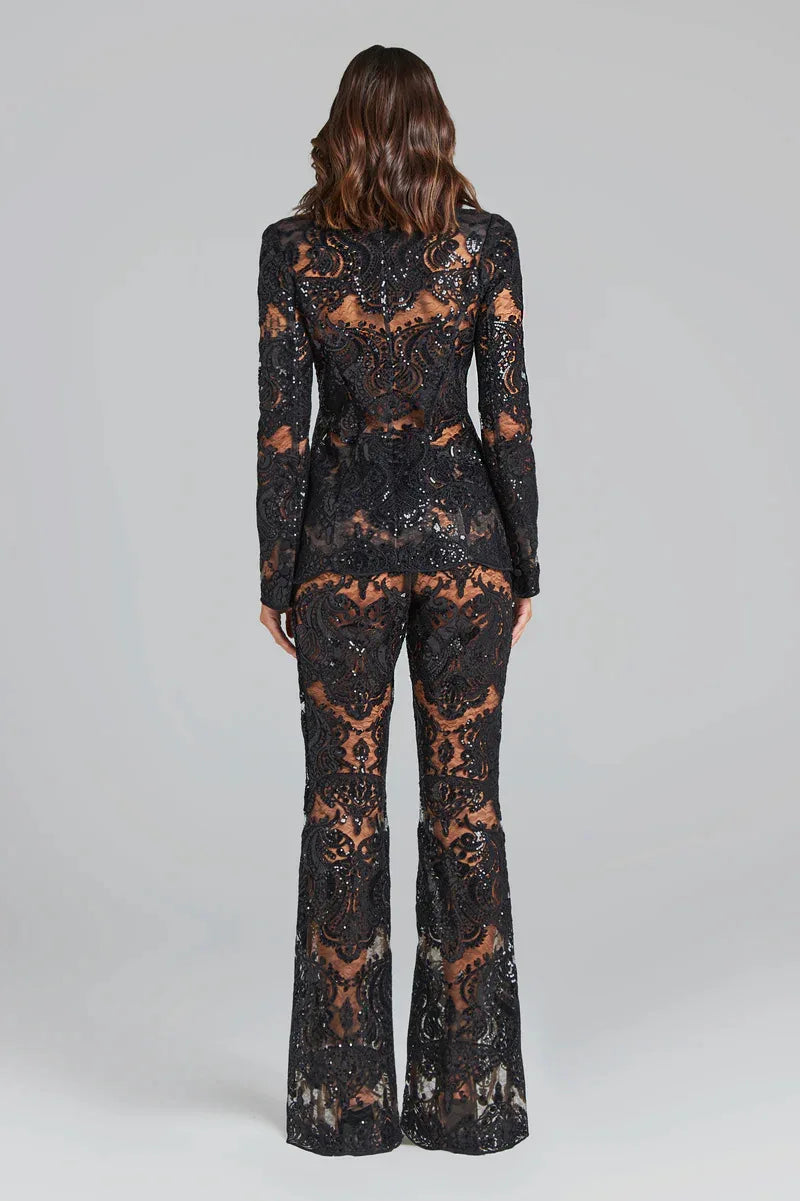 HIGH STREET Newest 2024 Designer Runway Suit Set Women's Single Button Guipure Lace Blazer Flare Pants Set