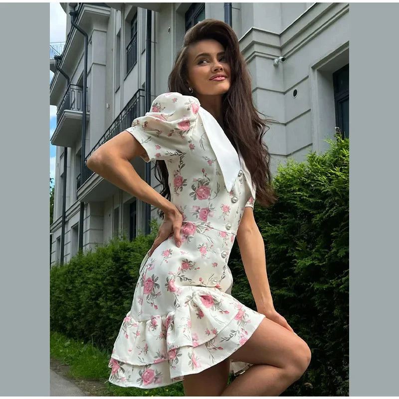 Chic Floral Puff Ruffle Dress