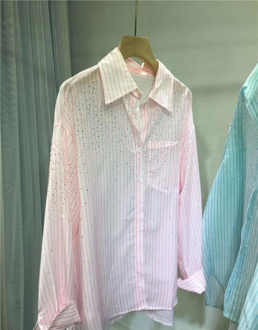 Lightweight Loose Stripes Rhinestone Shirt