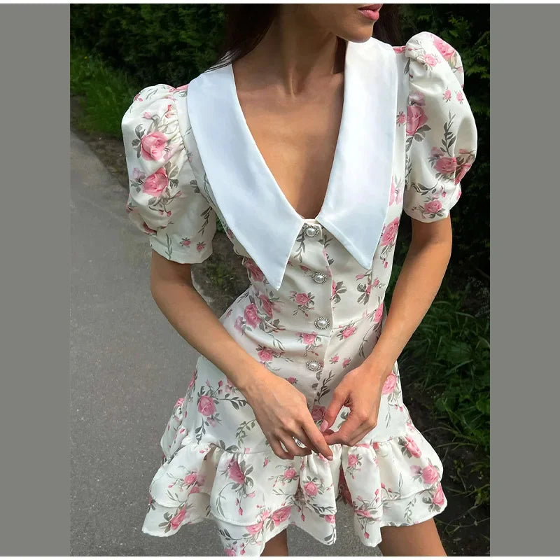 Chic Floral Puff Ruffle Dress
