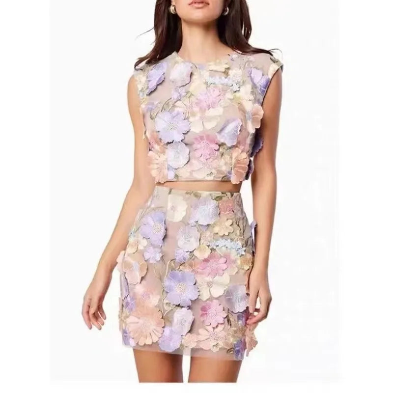 3D flowers Crop Top & Skirt