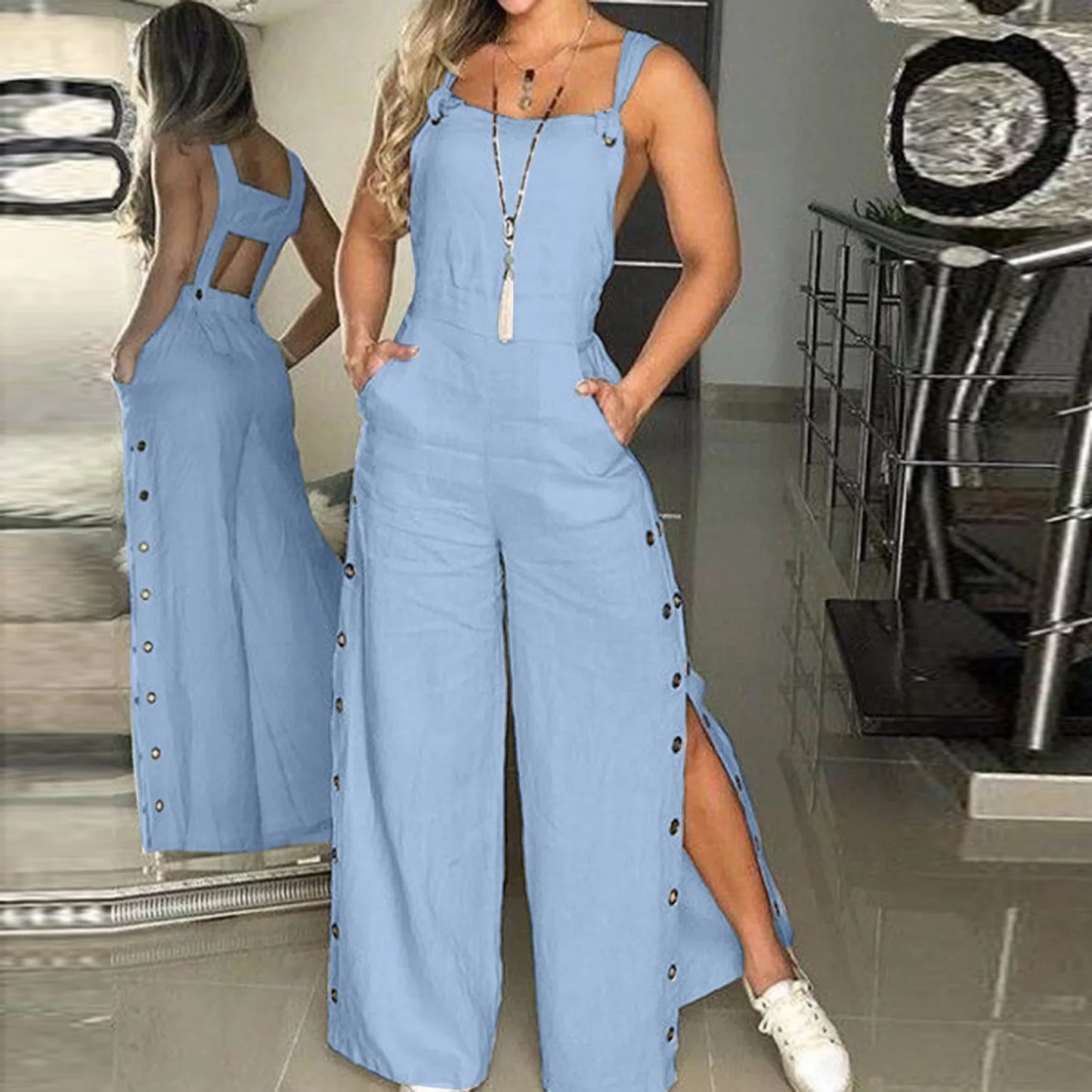 Sommer Jumpsuit Weites Bein Knopf
