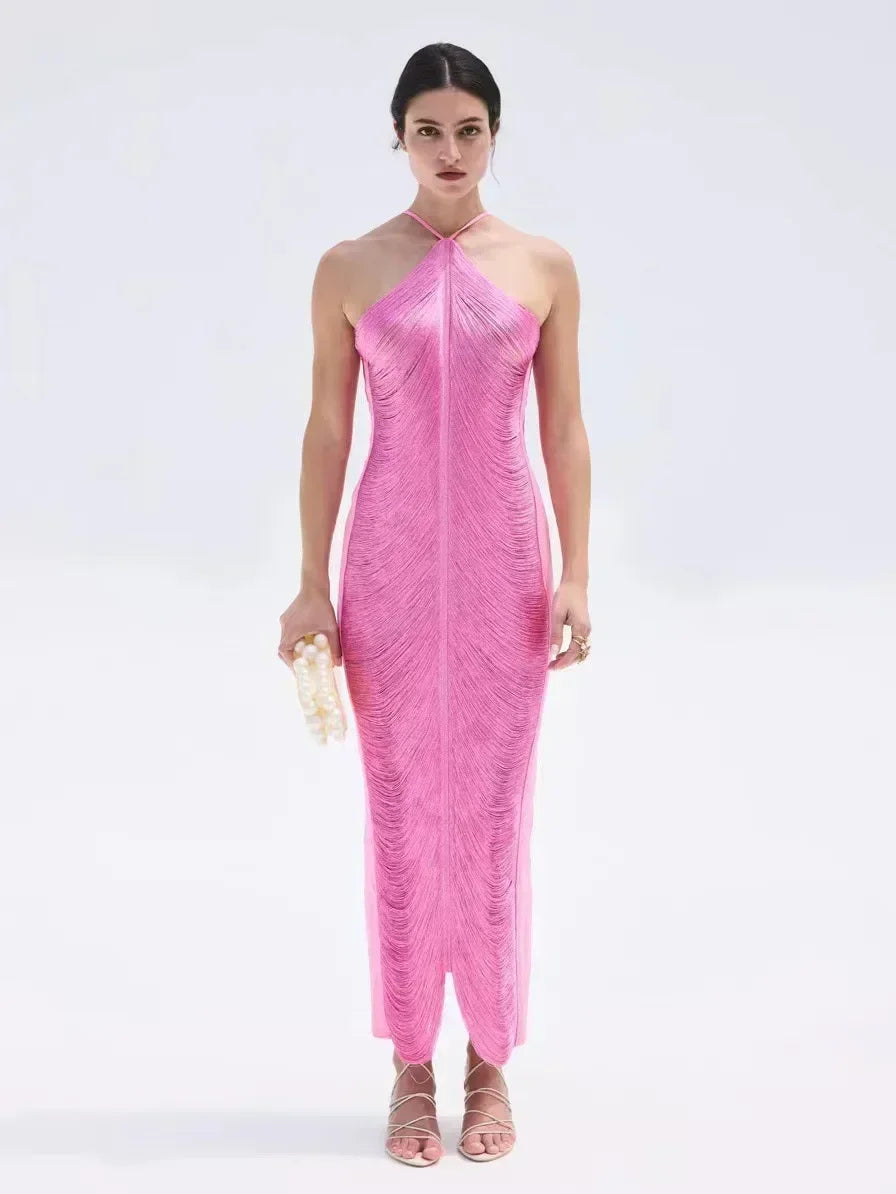 Women's Fashion Tassel Back Split Hanging Neck Dress