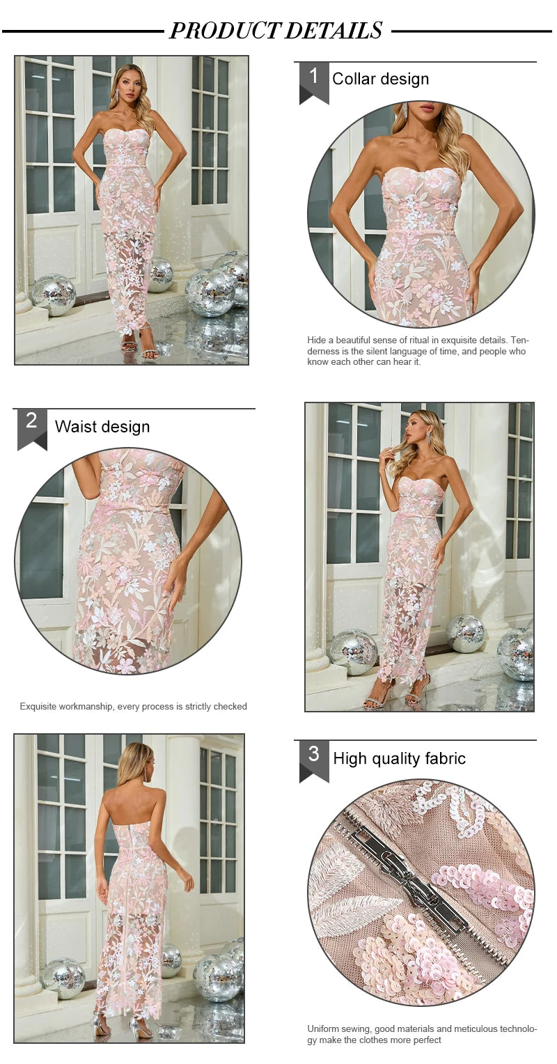 VC Floral Embroidery Sequins Long Dress Strapless Mesh