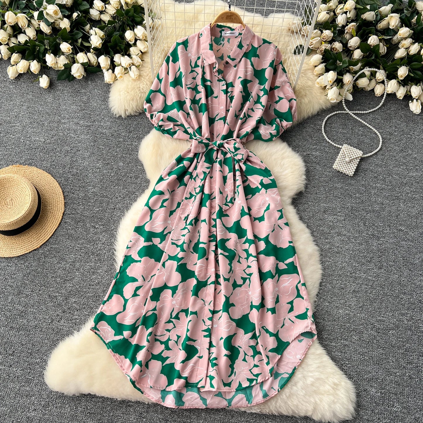 Vintage Satin Floral Pink Red