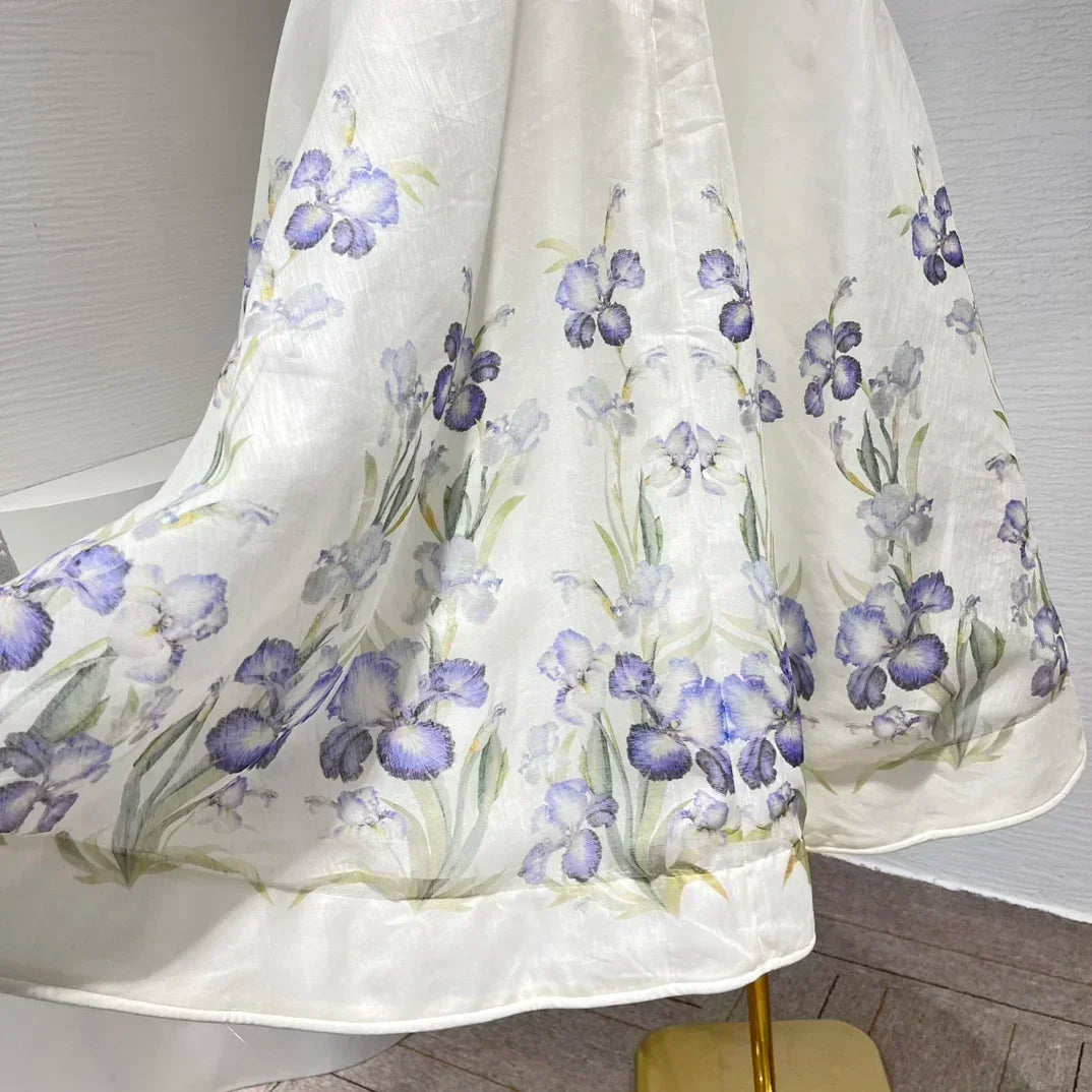 Linen Silk White Floral Skirt Set