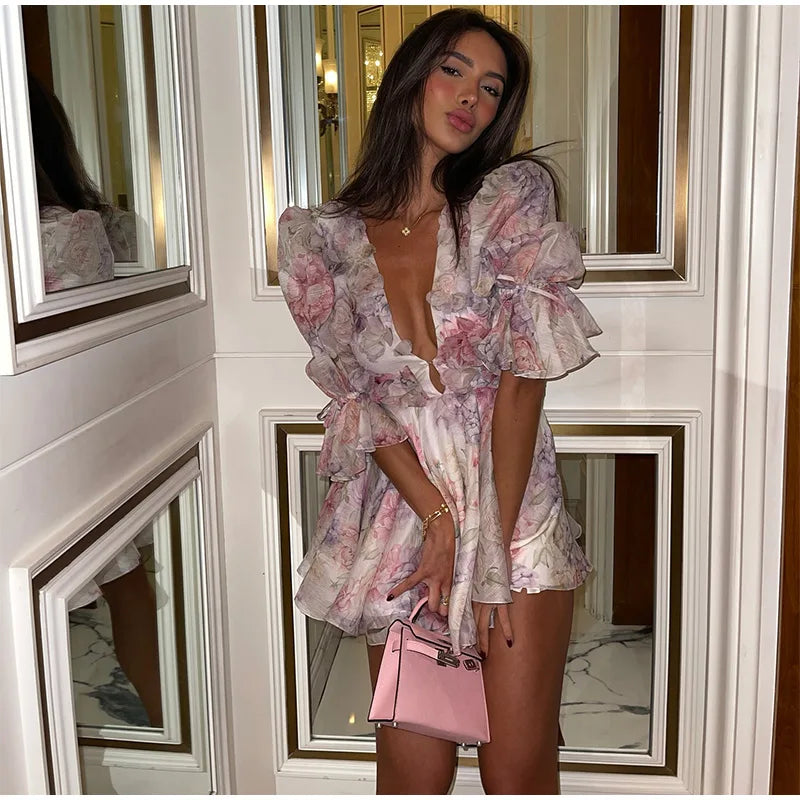 Chic Floral Puff Ruffle Dress