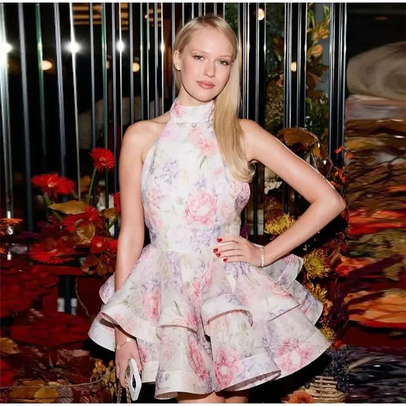 Floral Print Halter Ruffles Dresses