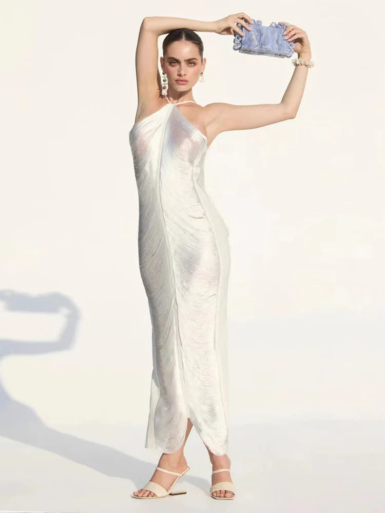 Halter Backless Solid Vintage Bodycon Long Dress