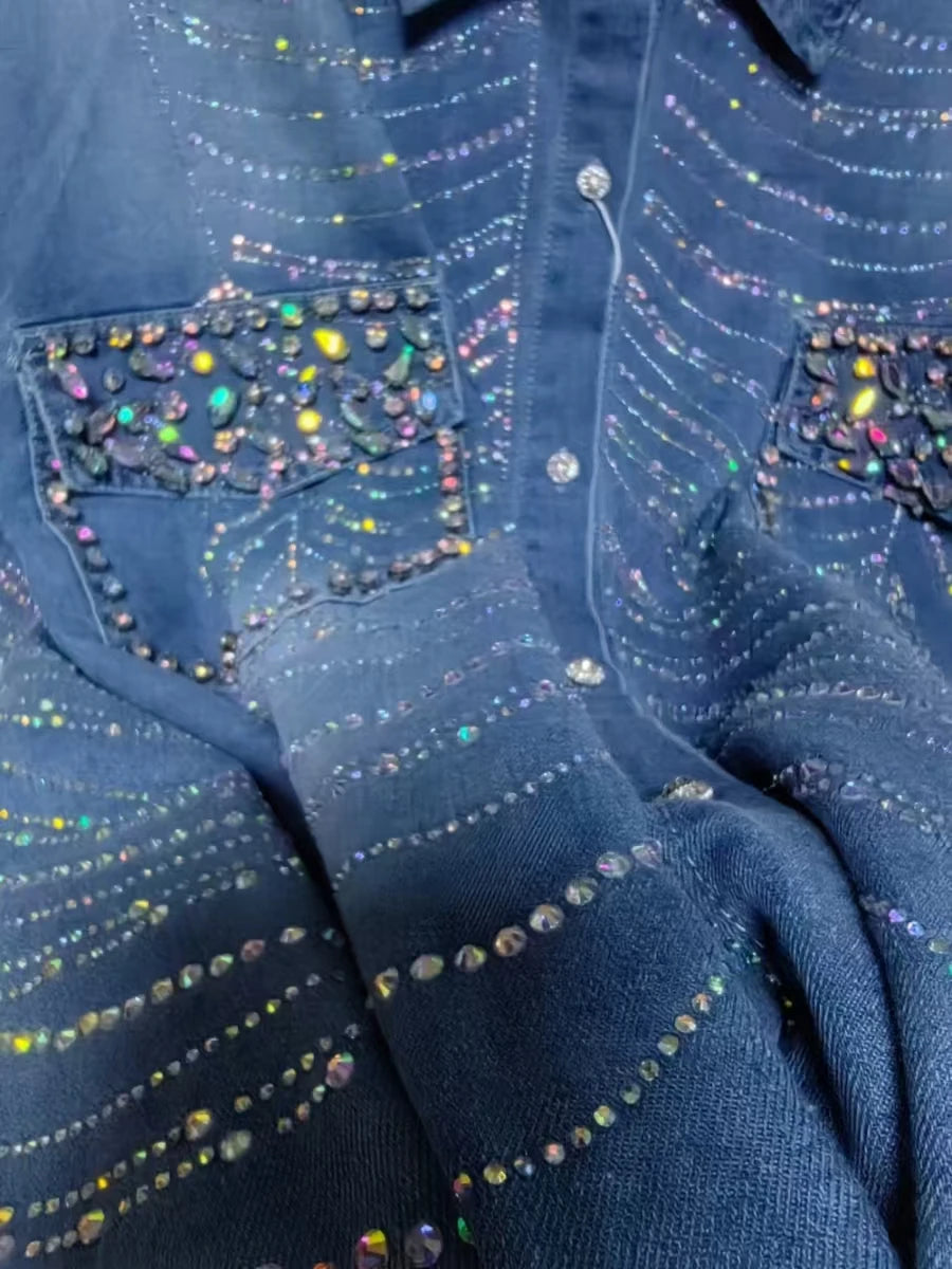 New In Autumn Sparkle Diamonds Mid-length Denim Shirts & Blouses For Women's Fashion Trend 2024 Tops Blusas Woman Clothes