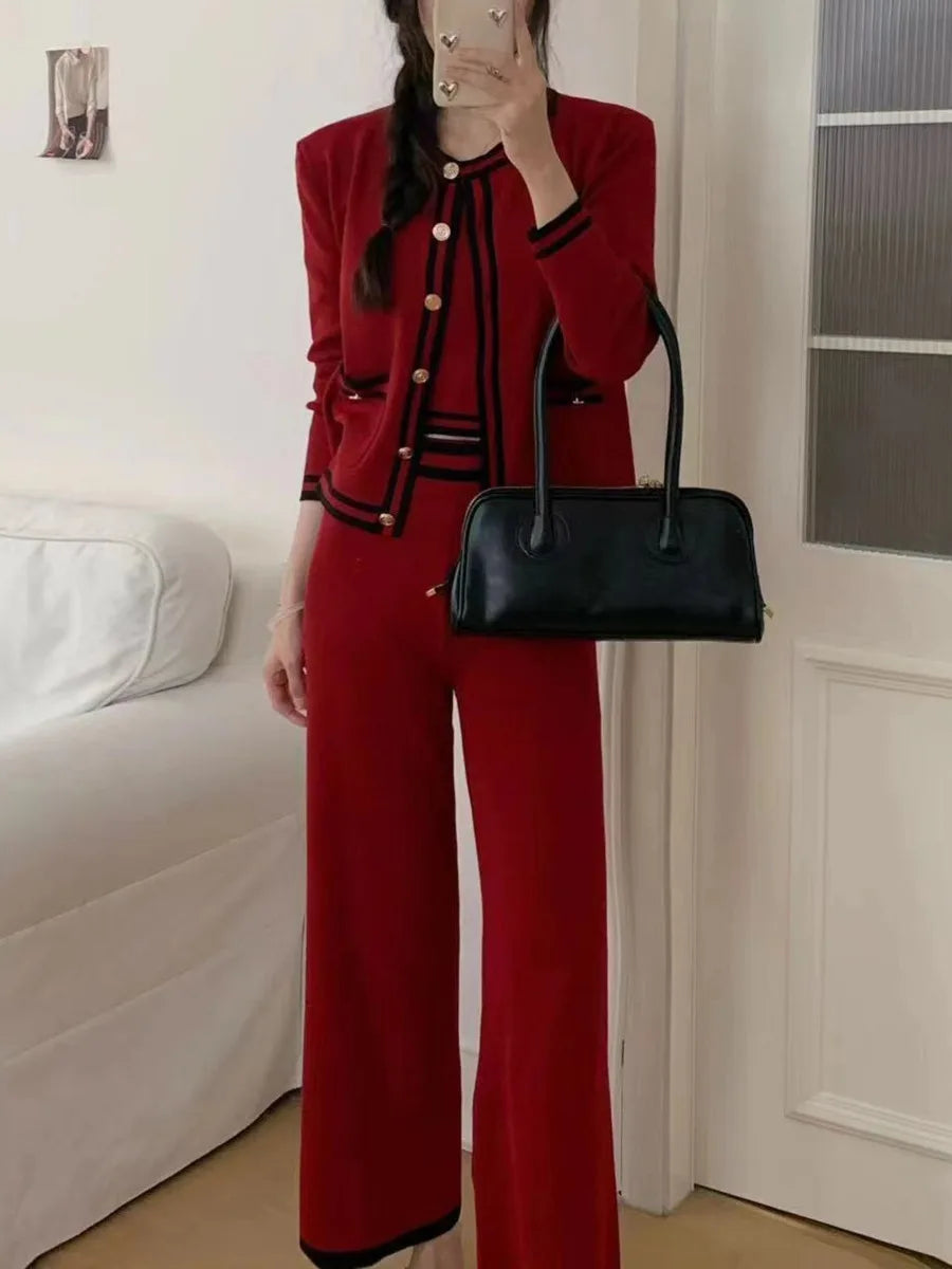 Strick-Cardigan + Hose mit weitem Bein, gestreift, lässig, 3-teiliges Set
