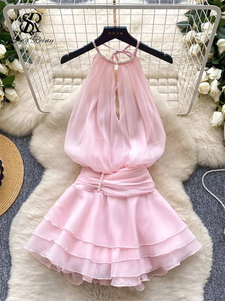 Chiffon Pearl Halter Mini Dress