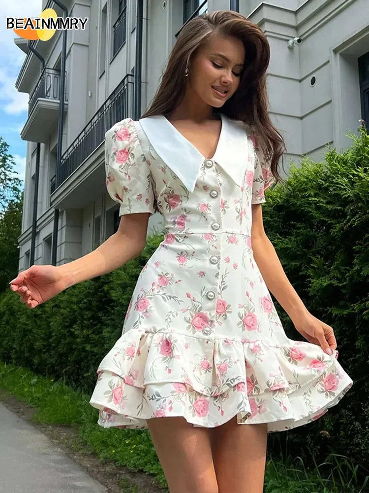 Chic Floral Puff Ruffle Dress