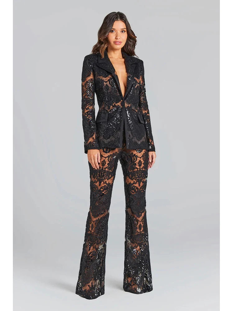 HIGH STREET Newest 2024 Designer Runway Suit Set Women's Single Button Guipure Lace Blazer Flare Pants Set