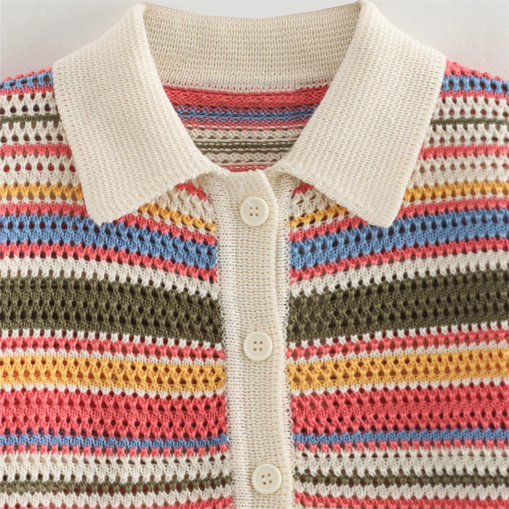 POLO collar short knitted striped shorts set