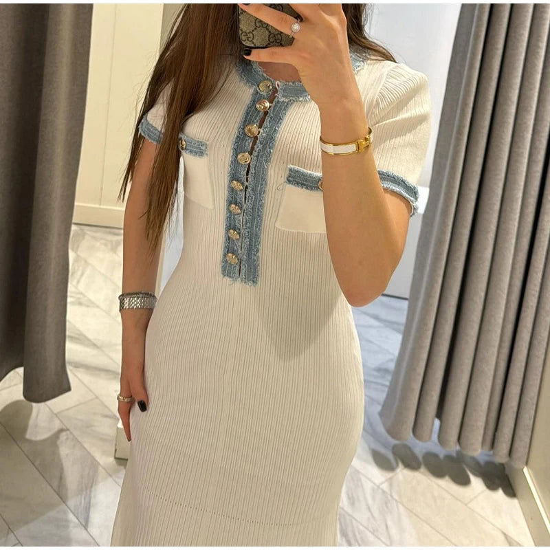 Elegant Denim Patchwork Knitted Long Dress