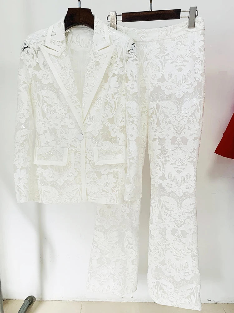 HIGH STREET Newest 2024 Designer Runway Suit Set Women's Single Button Guipure Lace Blazer Flare Pants Set