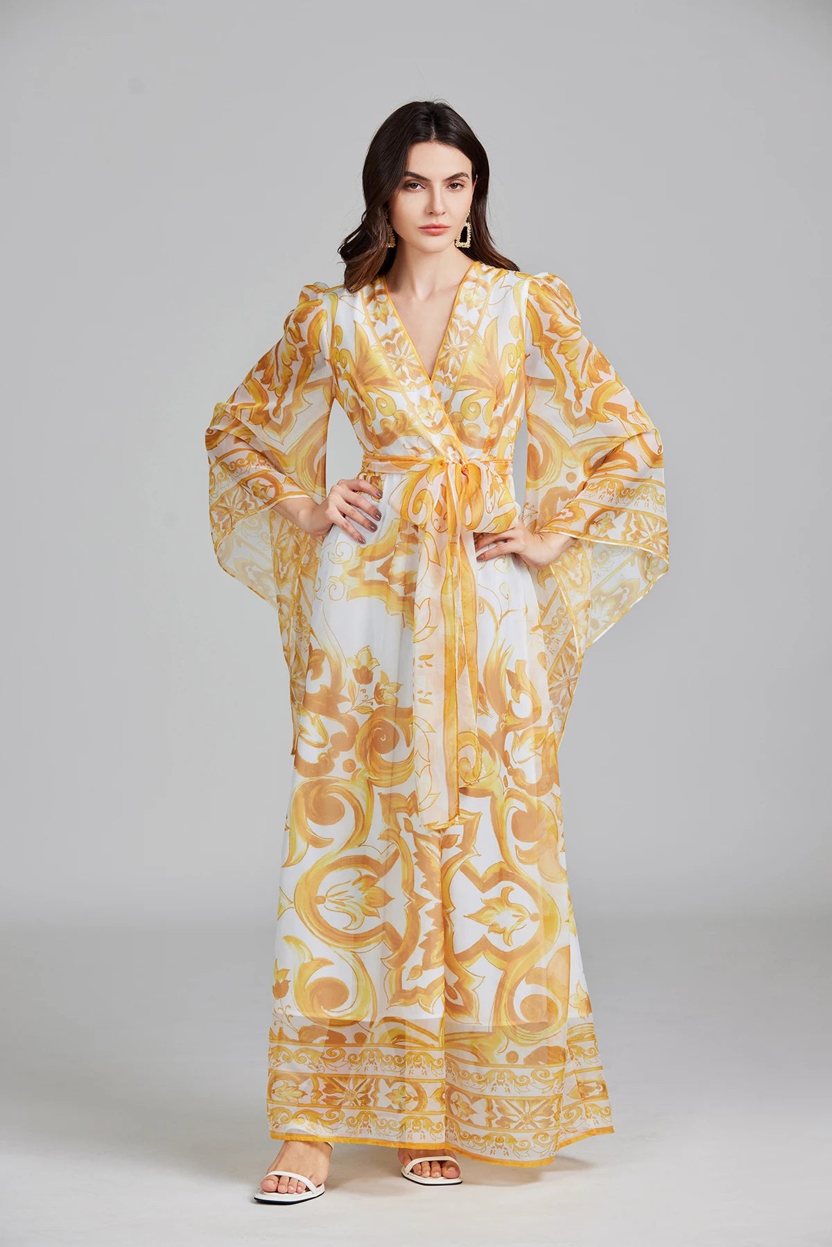 Golden White Porcelain Flower Print Lantern Sleeve