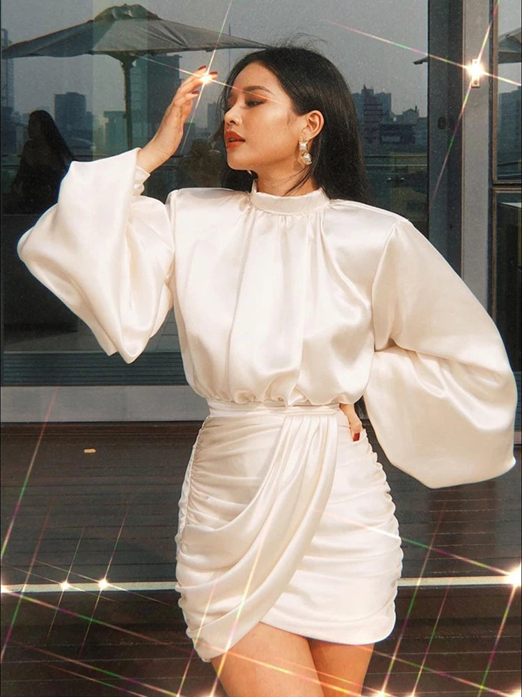 Ruched Satin Mini Dress – White Lantern Sleeve