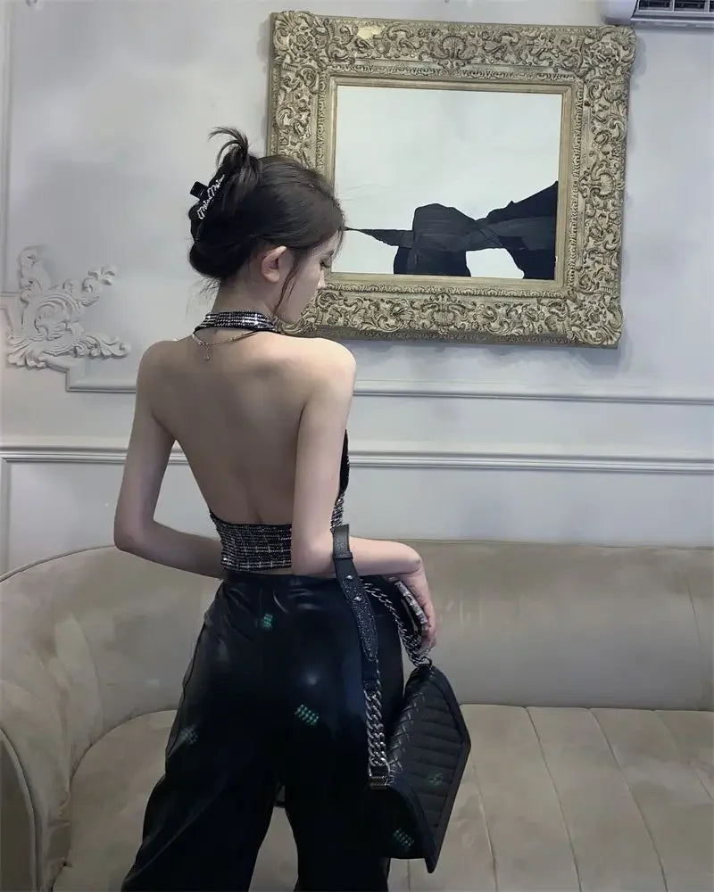 Shiny Sequin Halter Neck Crop Top Sparkly