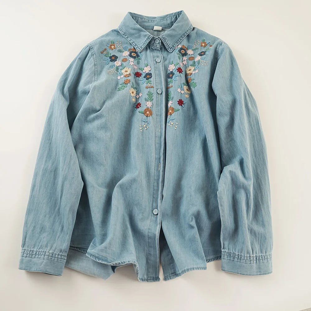 Embroidered denim designer shirts blouses