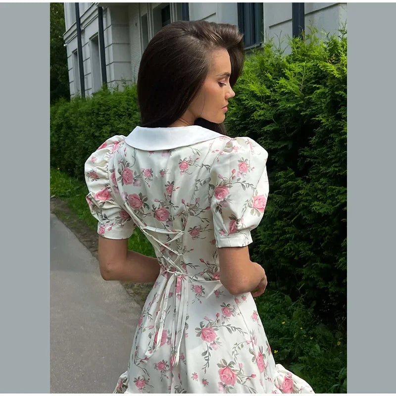 Chic Floral Puff Ruffle Dress