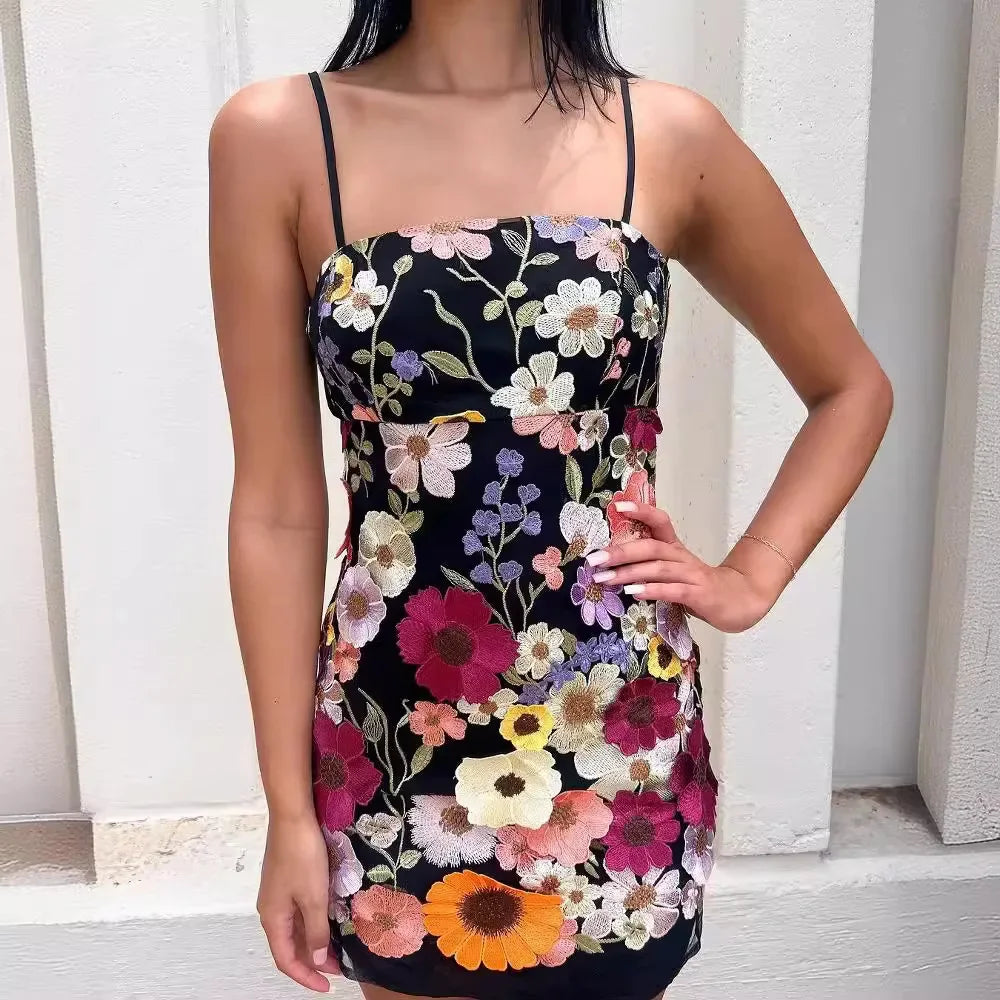 3D Flower Embroidery Tank Dress