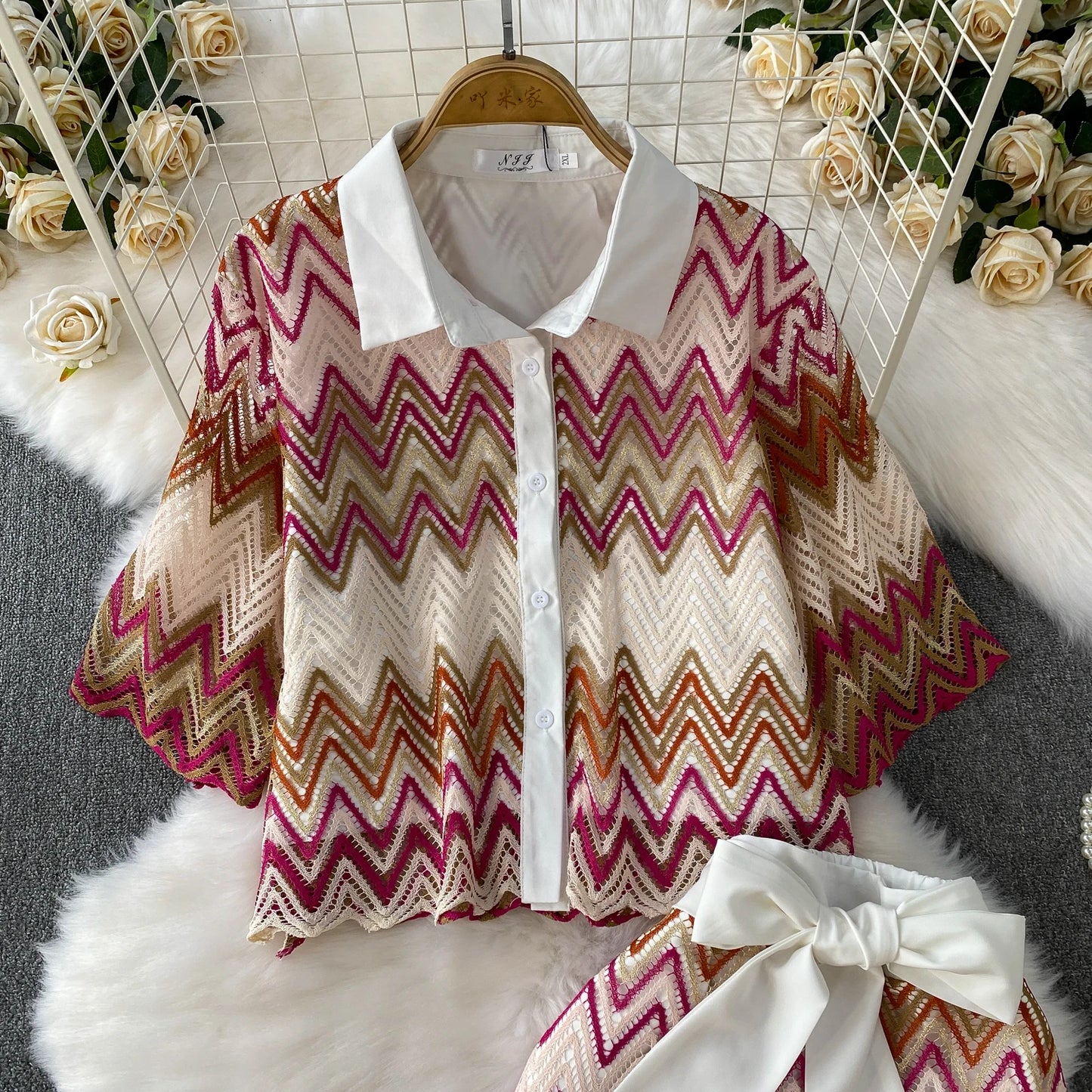 Retro Hollow out Wave Knit Set