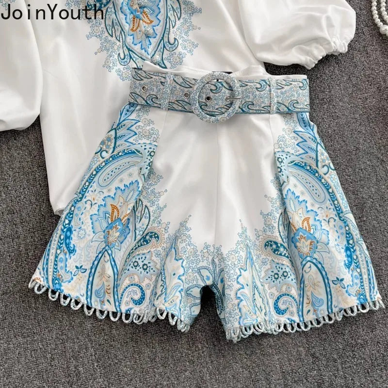 Stand Collar Wide Leg shorts Vintage Floral Summer Outfits