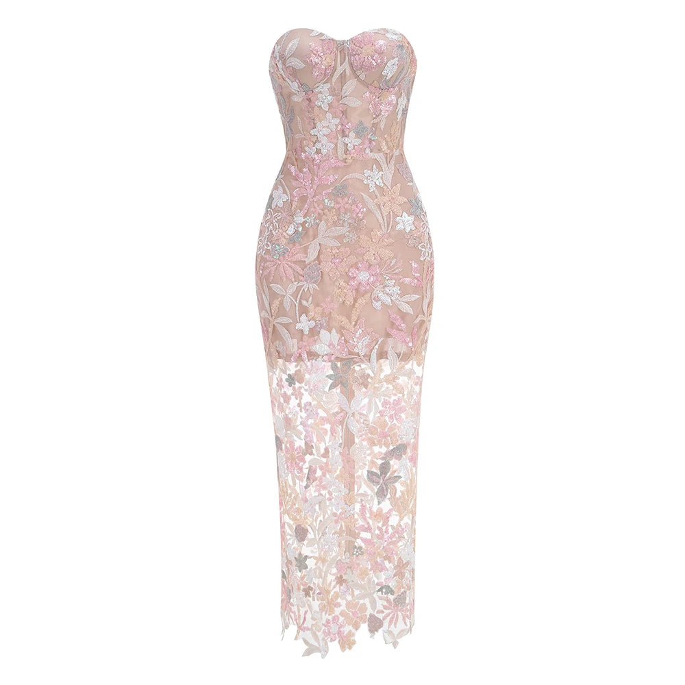 VC Floral Embroidery Sequins Long Dress Strapless Mesh