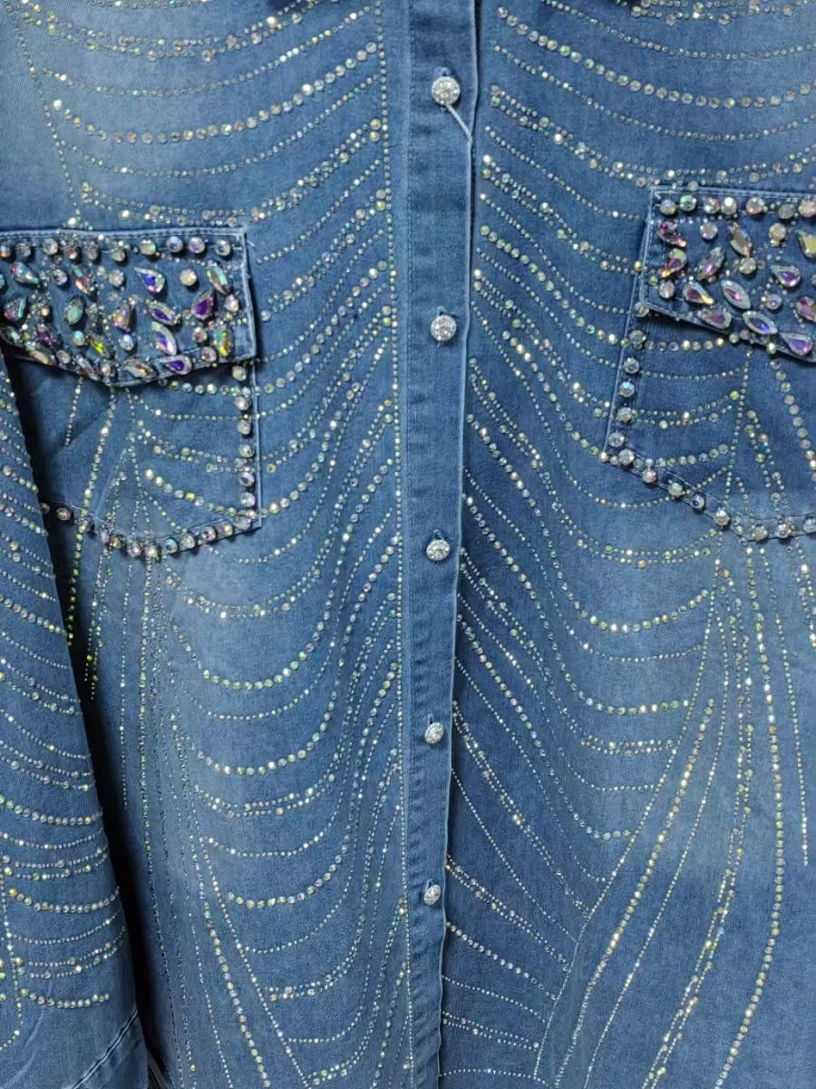 New In Autumn Sparkle Diamonds Mid-length Denim Shirts & Blouses For Women's Fashion Trend 2024 Tops Blusas Woman Clothes