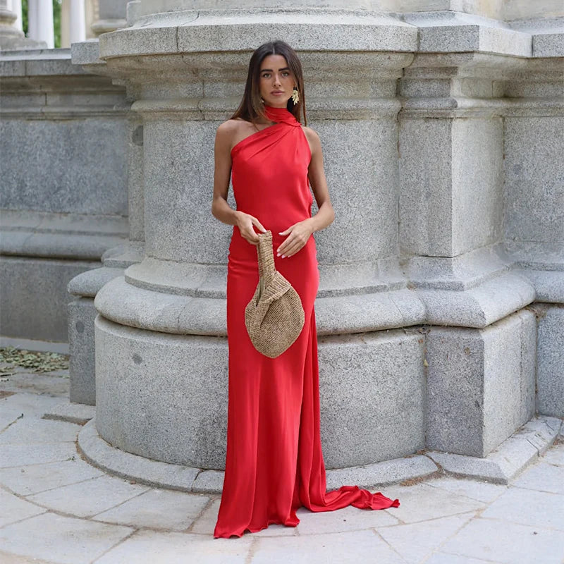Elegant Satin Ribbons Halter Party Dress