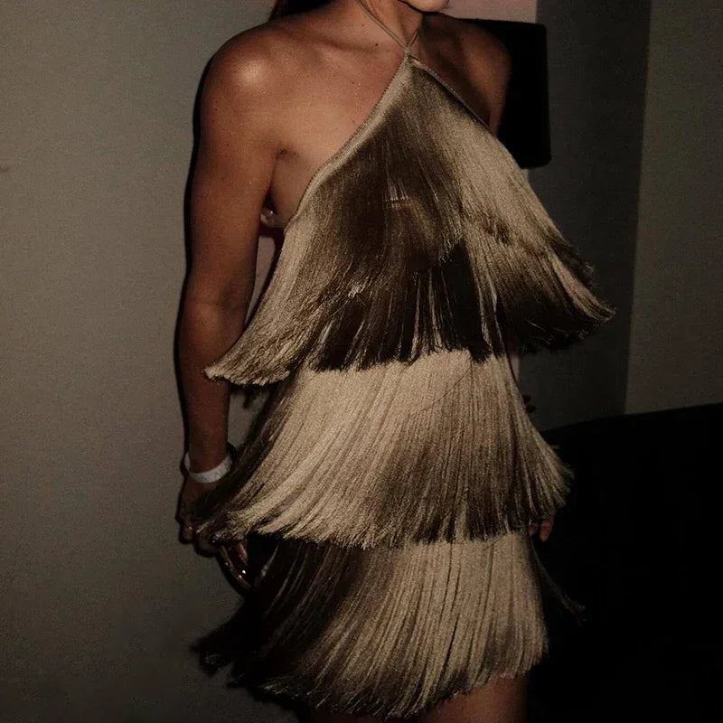 Silky Smooth Golden Fringe Party Dress Mini
