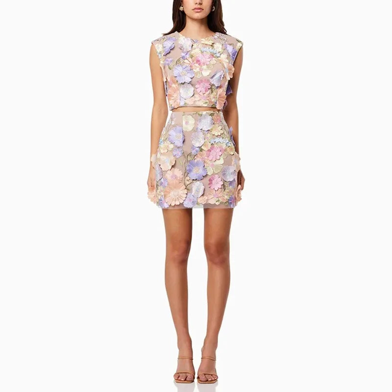 3D flowers Crop Top & Skirt