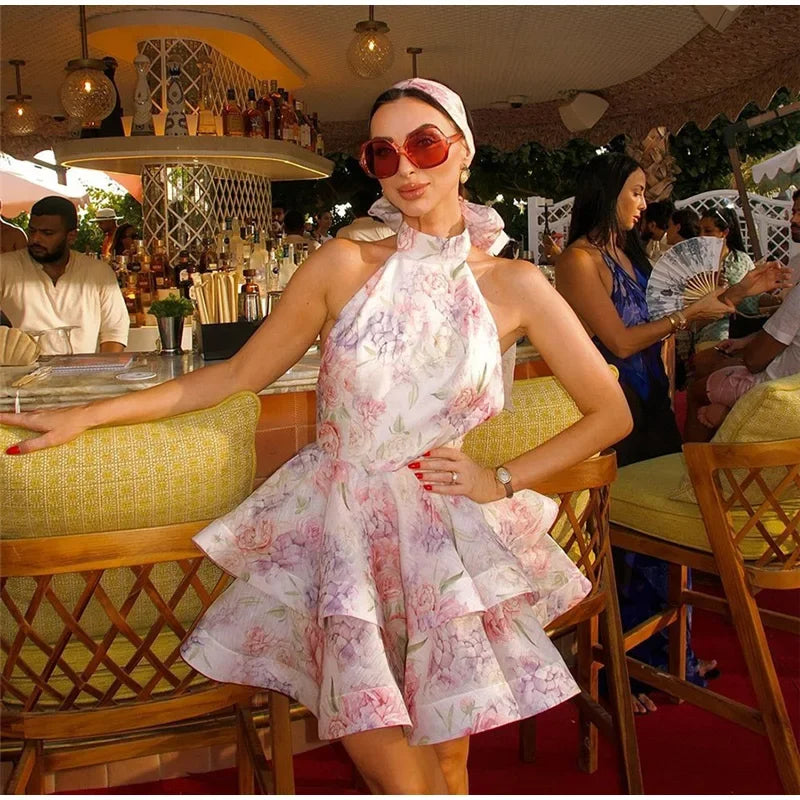 Floral Print Halter Ruffles Dresses