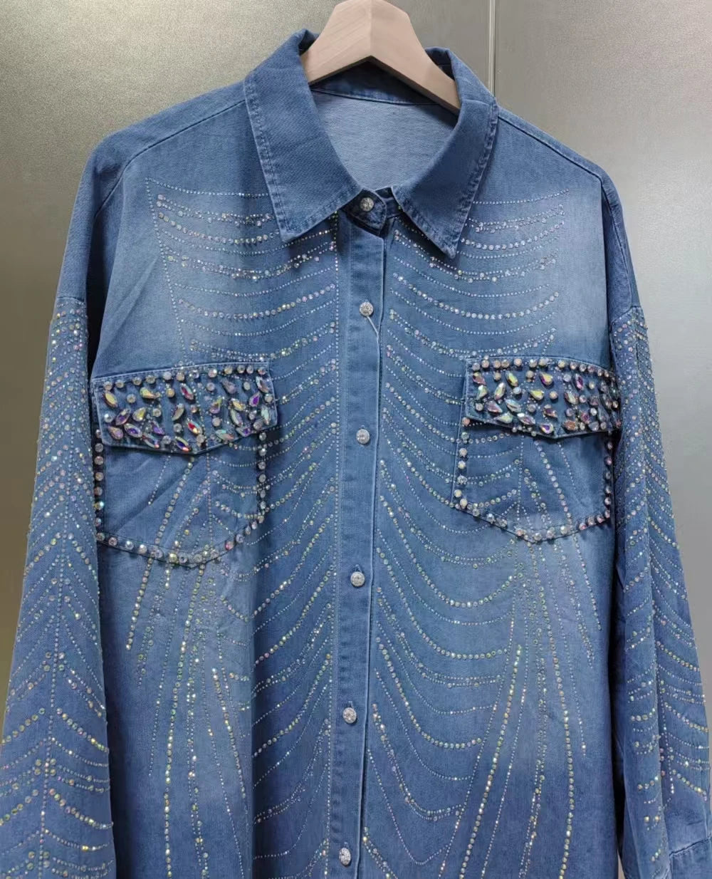 New In Autumn Sparkle Diamonds Mid-length Denim Shirts & Blouses For Women's Fashion Trend 2024 Tops Blusas Woman Clothes