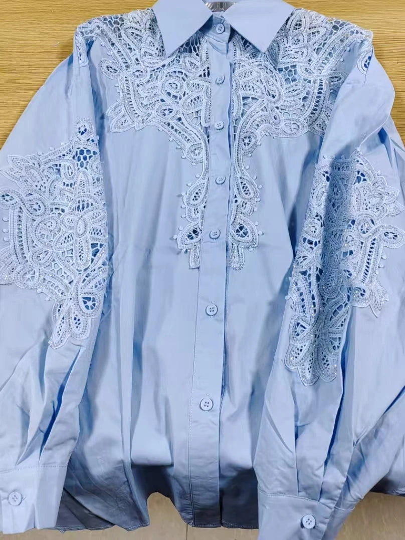 Luxury Brand Sparkle Embroidery Cotton Blue Blouses
