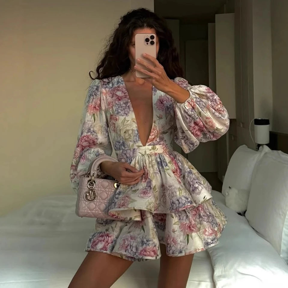 Vintage Floral Ruffle Mini Dress